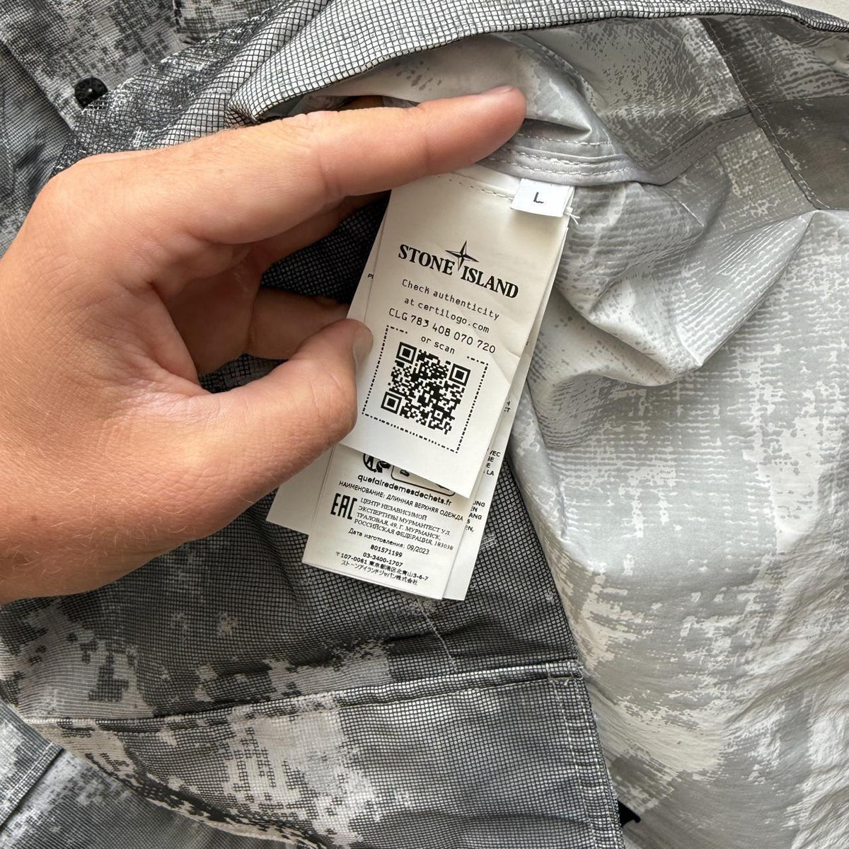 Stone Island 2024 DSM Dissolving Grid Camo Mesh reflective Nylon Parka Jacket (L)