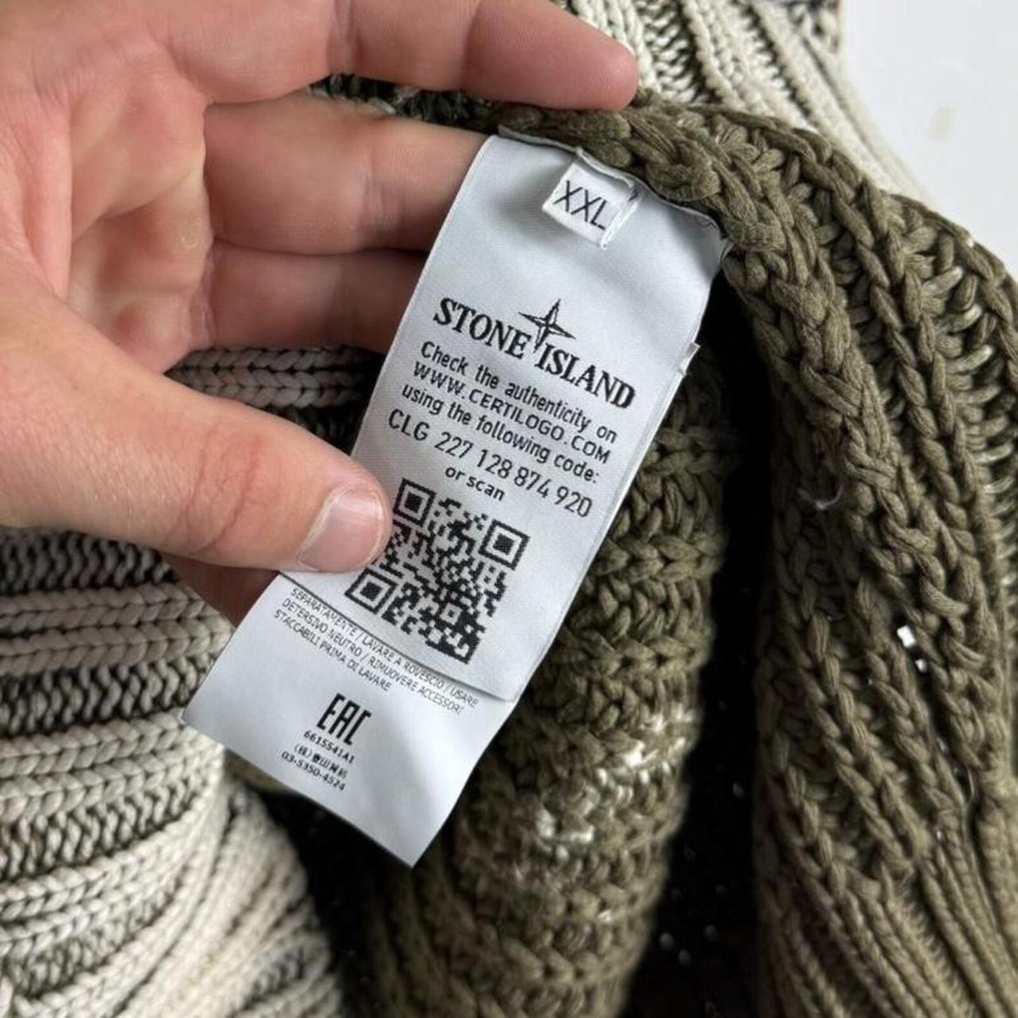 Stone Island Hand Corrosion Cable Knit Jumper Green/Cream (XXL)