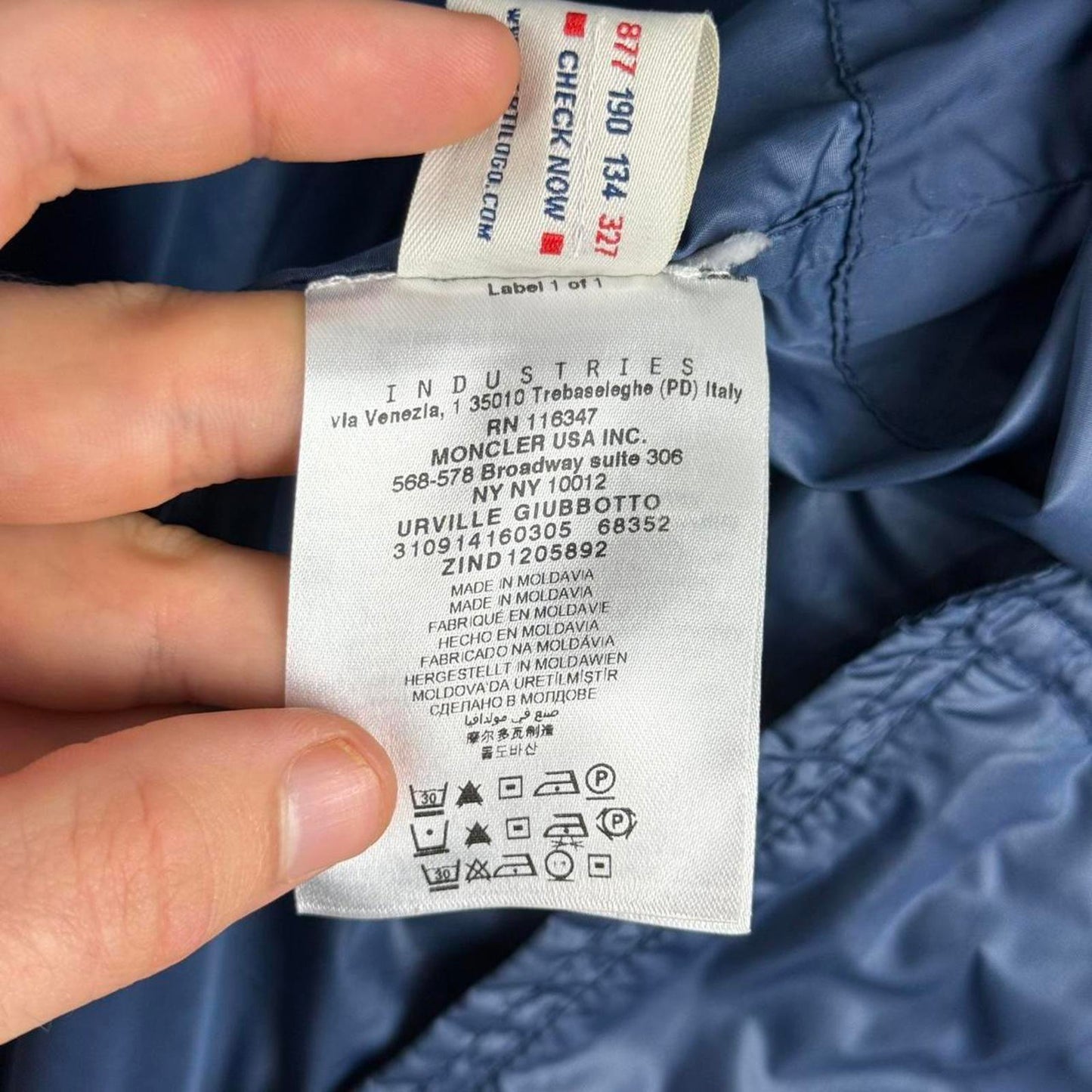 Moncler “Urville Giubbotto” Packable Hooded Jacket in Navy / Grey (M/L)