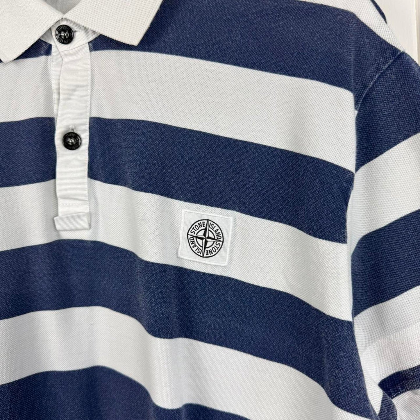 Stone Island Striped Logo Polo Shirt Navy/White (XL)