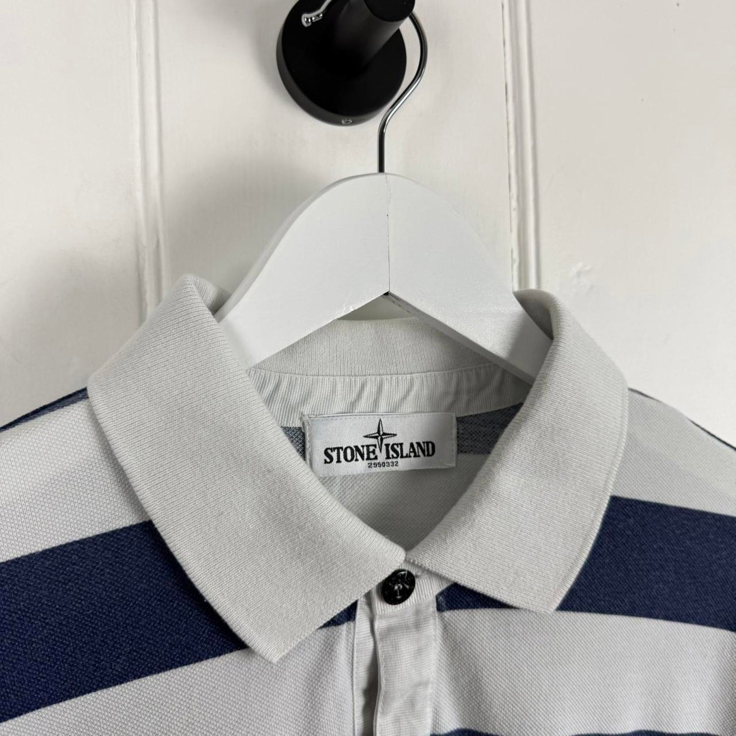 Stone Island Striped Logo Polo Shirt Navy/White (XL)