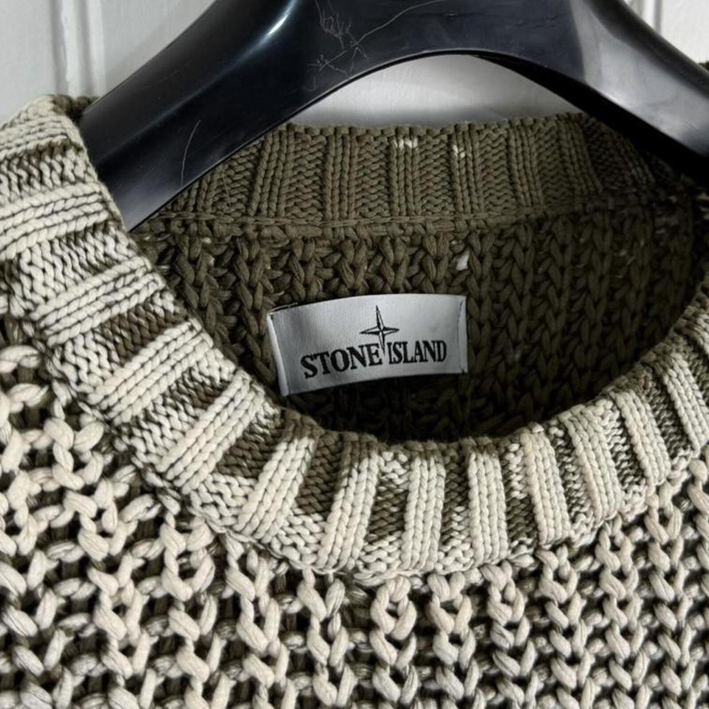 Stone Island Hand Corrosion Cable Knit Jumper Green/Cream (XXL)
