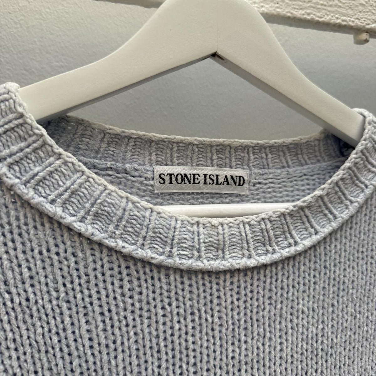 Stone Island Vintage 1990s Green Edge Chunky Knit Jumper – Pale Lilac/Grey (L/XL)