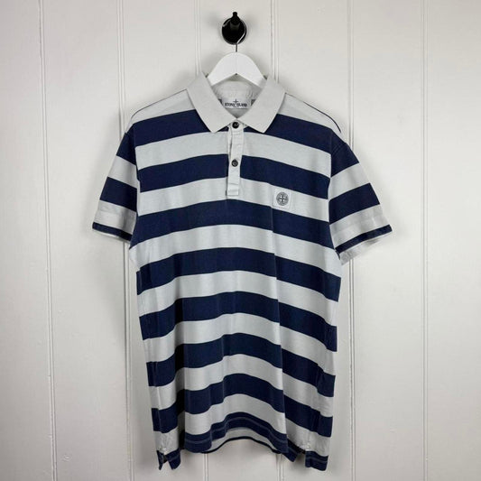 Stone Island Striped Logo Polo Shirt Navy/White (XL)