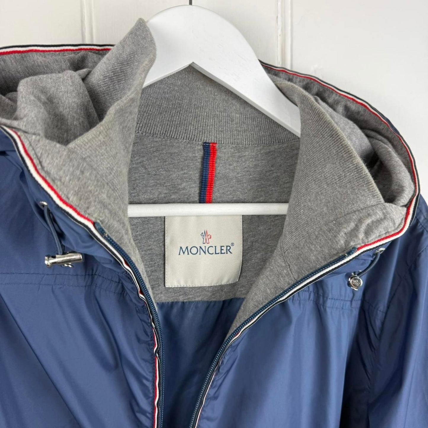 Moncler “Urville Giubbotto” Packable Hooded Jacket in Navy / Grey (M/L)