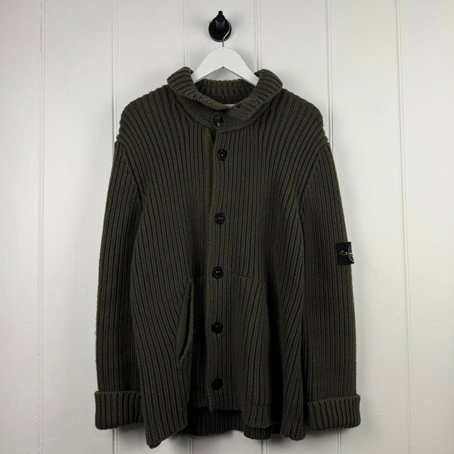 Stone Island Heavy Rib Wool Knit Shawl Collar Cardigan (XL)