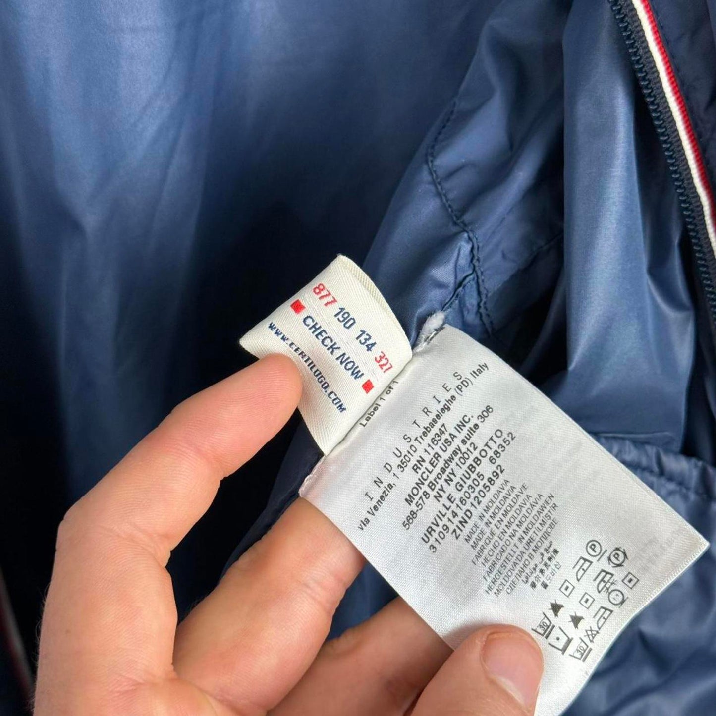 Moncler “Urville Giubbotto” Packable Hooded Jacket in Navy / Grey (M/L)