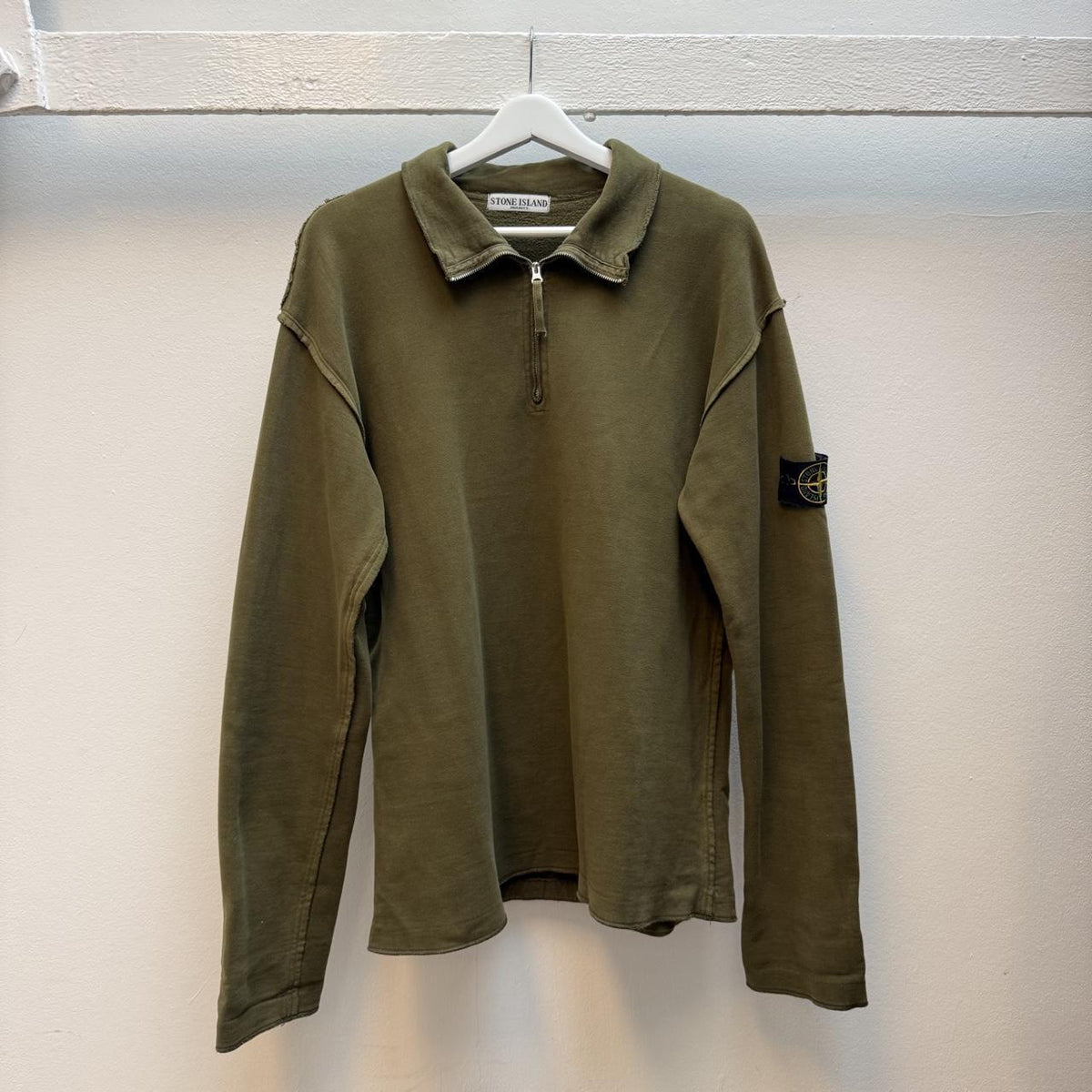 Early 00s Stone Island Quarter Zip Sweatshirt – Olive Green (L)