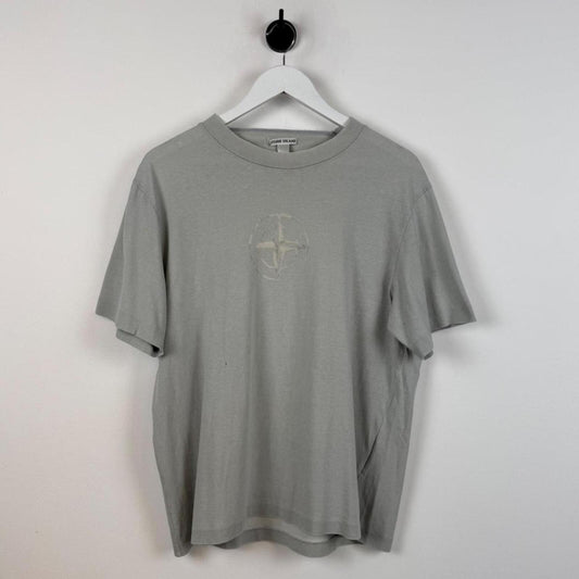 Early 00's Stone Island Burn Through Compass Logo T-Shirt Grey (M)