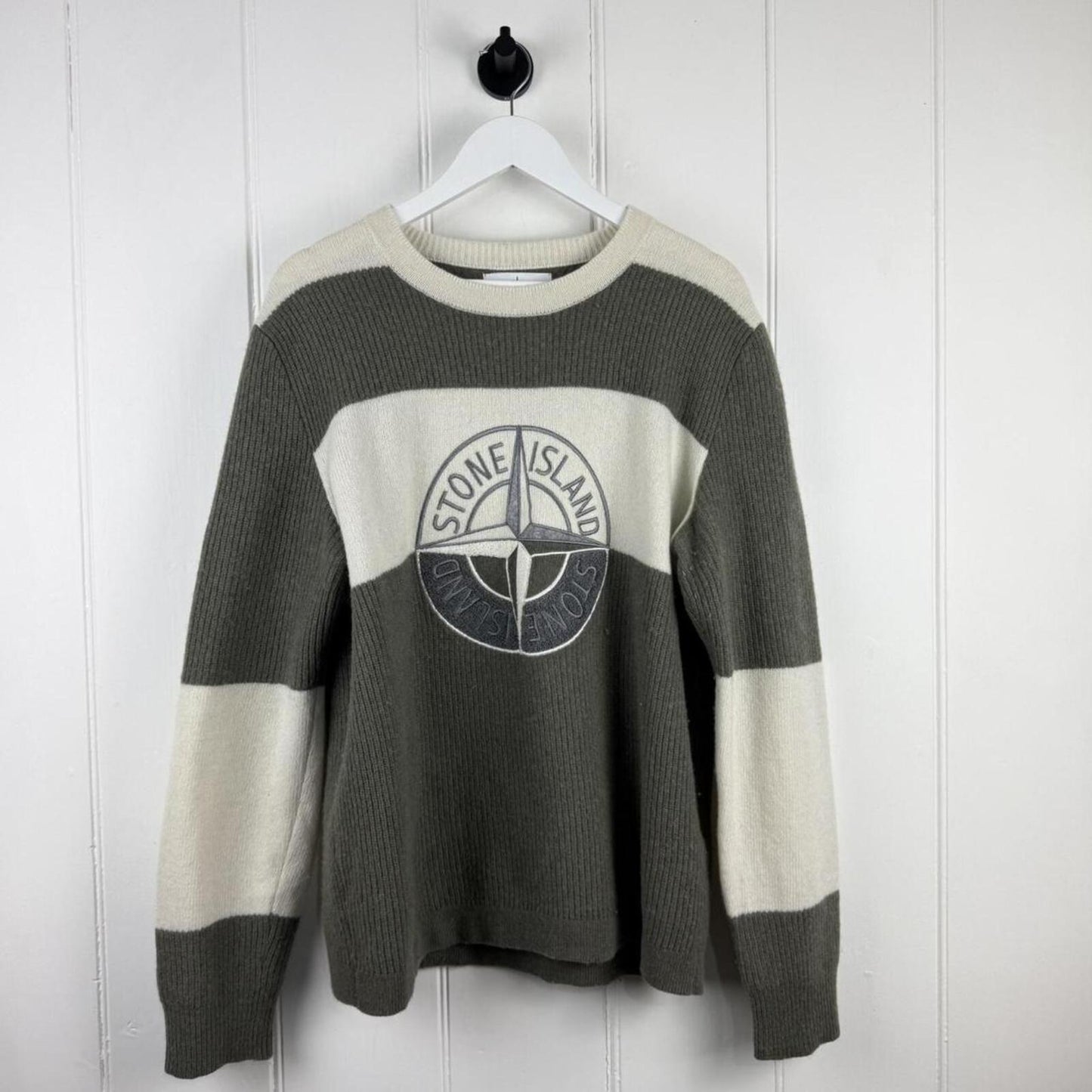 Stone Island Compass Logo Knit Jumper Olive/Cream (XL)