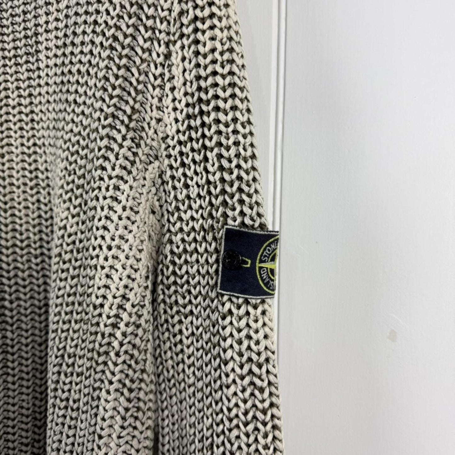 Stone Island Hand Corrosion Cable Knit Jumper Green/Cream (XXL)