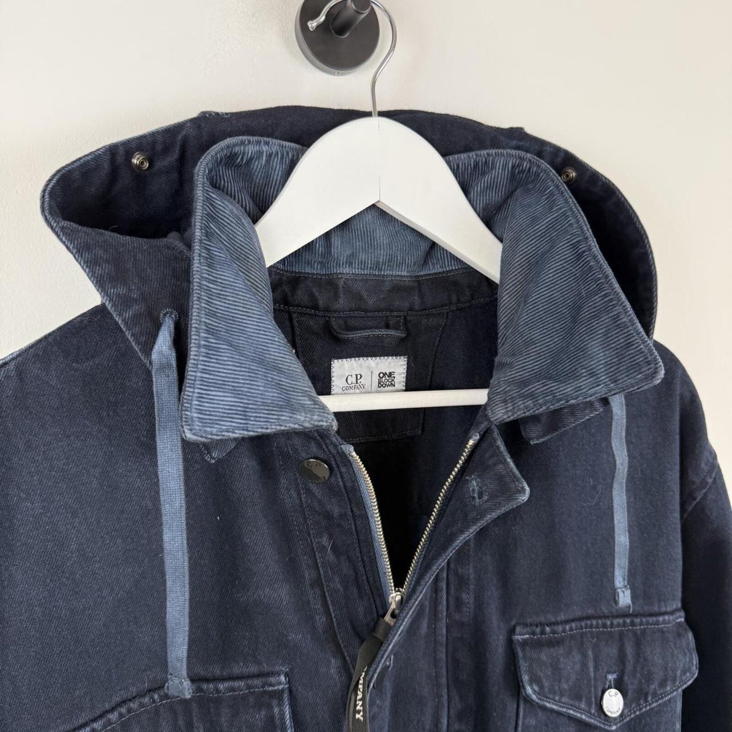 C.P. Company x One Block Down Goggle Hood Overshirt Jacket Indigo (L)