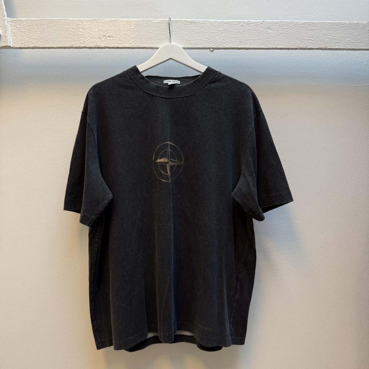 Stone Island Early 2000s Burn Through Compass T-Shirt – Washed Black (XL)