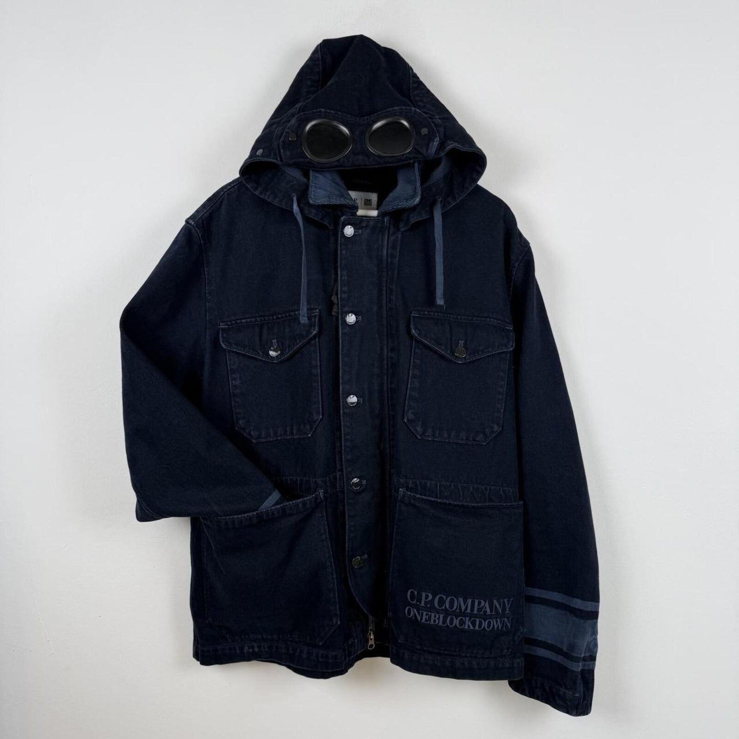 C.P. Company x One Block Down Goggle Hood Overshirt Jacket Indigo (L)