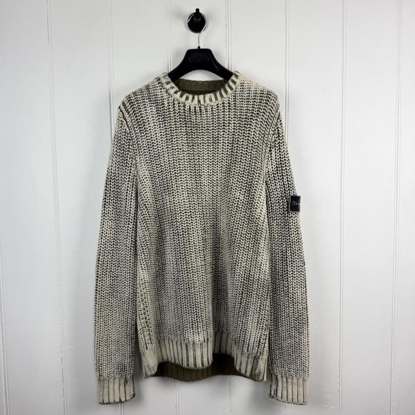 Stone Island Hand Corrosion Cable Knit Jumper Green/Cream (XXL)