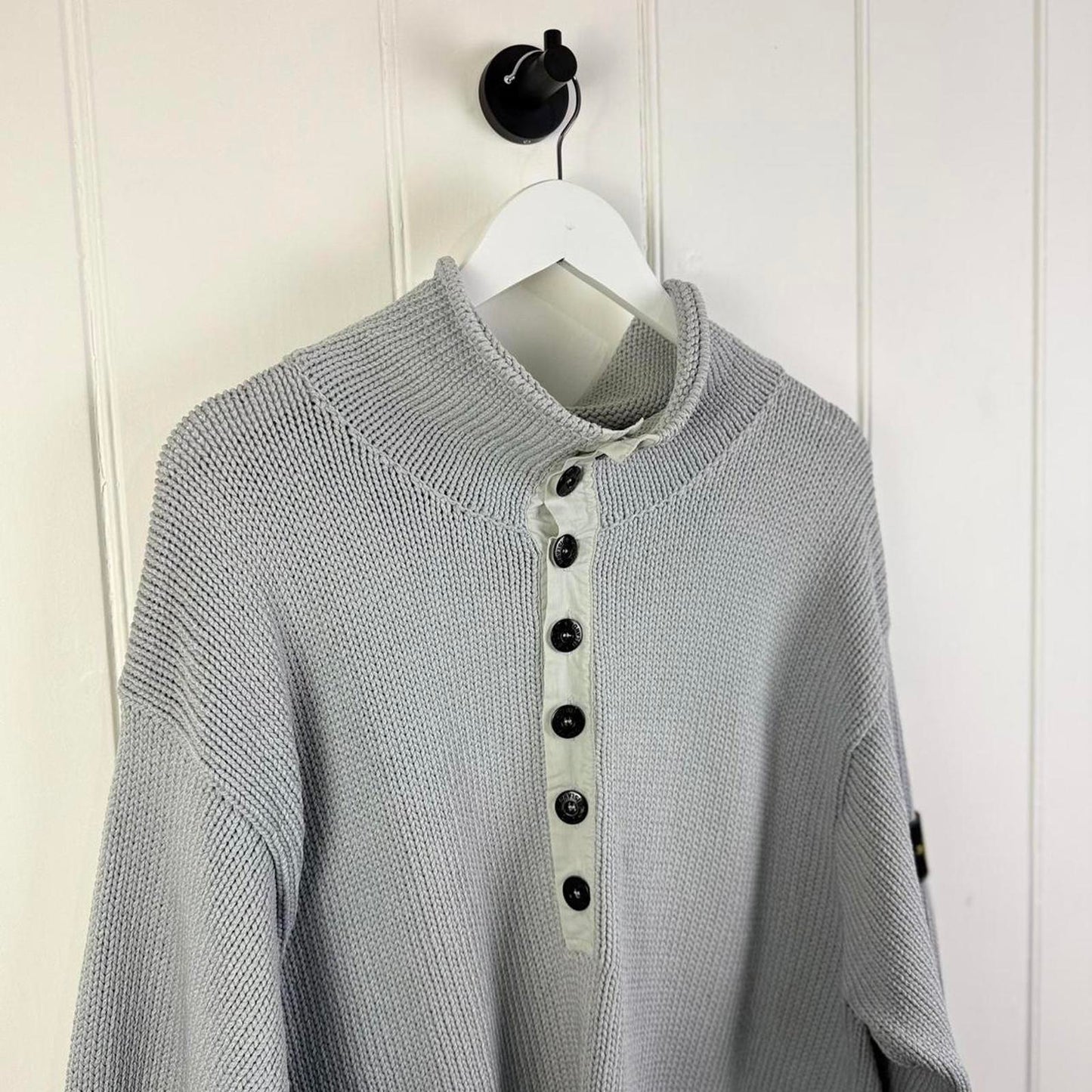 90s Stone Island Grey Knit Button Neck Sweater (XL)
