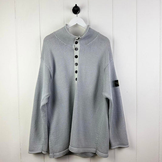 90s Stone Island Grey Knit Button Neck Sweater (XL)