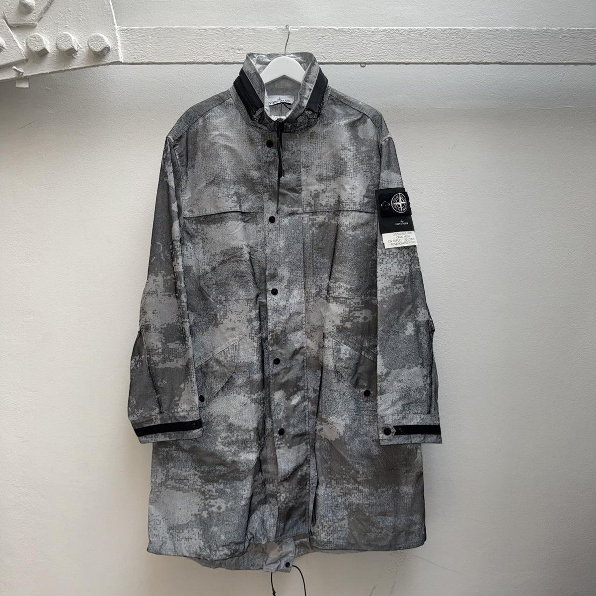 Stone Island 2024 DSM Dissolving Grid Camo Mesh reflective Nylon Parka Jacket (L)