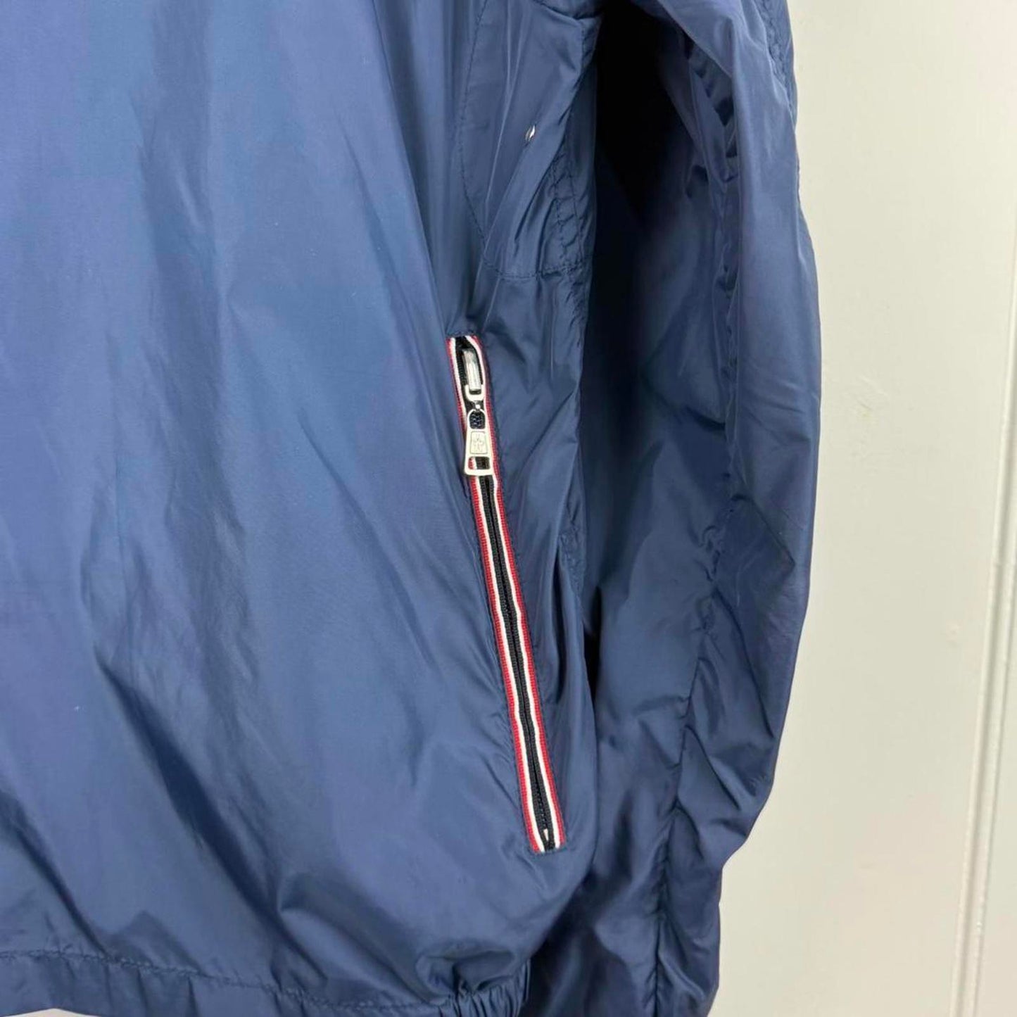 Moncler “Urville Giubbotto” Packable Hooded Jacket in Navy / Grey (M/L)
